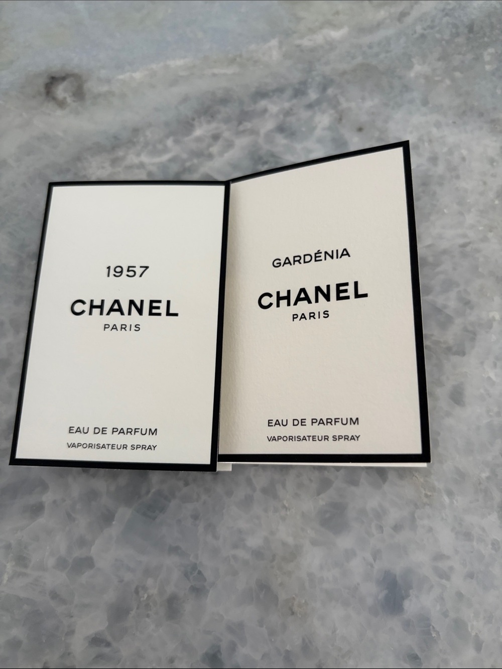 CHANEL White & Black Perfume Sample Cards - 1957 & Gardénia